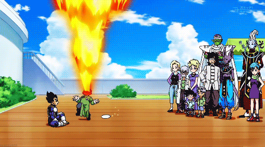 10s, 2015, alien, android, android_18, animated, animated_gif, blue_sky, bulma, cape, casual, cat, dougi, dragon_ball, dragon_ball_super, fire, god_of_destruction_beerus, green_skin, kuririn, multiple_boys, multiple_girls, piccolo, plate, purple_skin, running, sky, son_goten, spicy, trunks_(dragon_ball), turban, vegeta, whis, yamcha