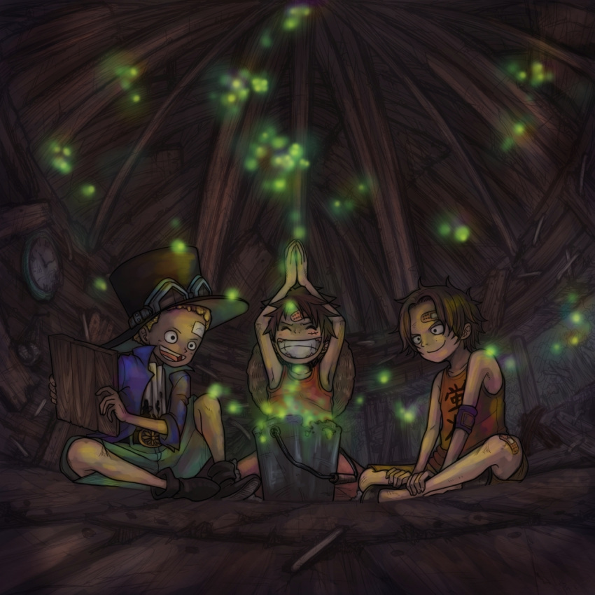 3boys, brothers, firefly, hat, male_focus, monkey_d_luffy, multiple_boys, one_piece