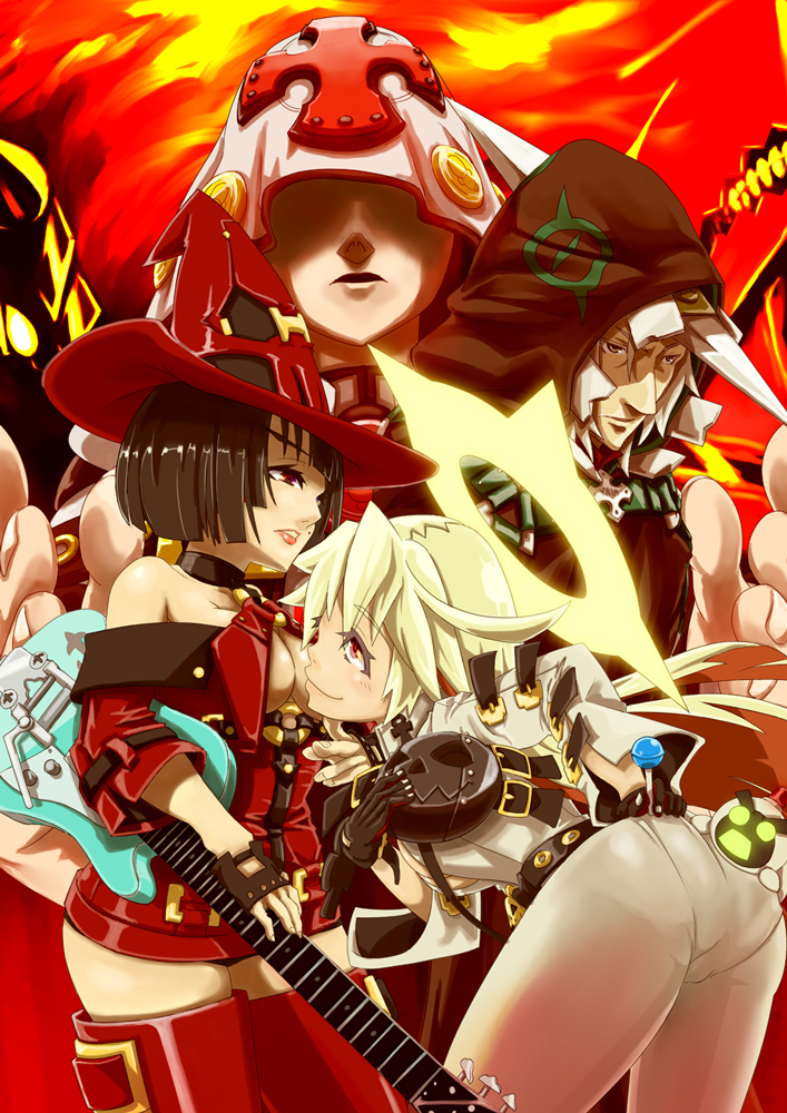 2boys, 2girls, ahoge, ano_otoko, arc_system_works, ass, blonde_hair, bodysuit