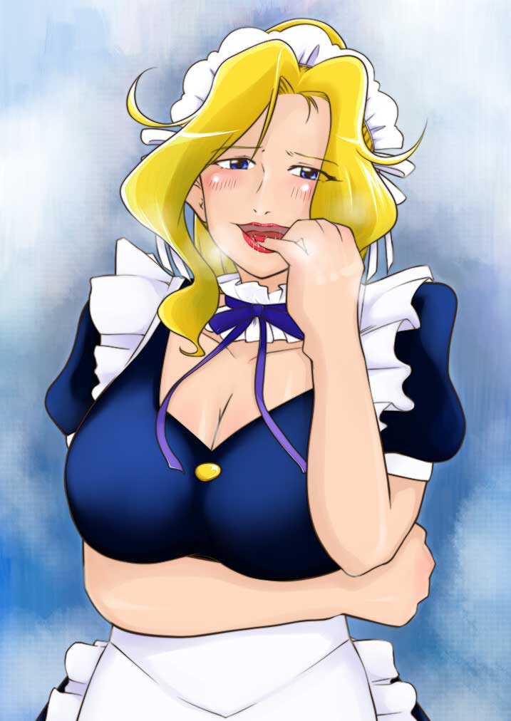 1girl, artist_request, blonde_hair, blue_eyes, blush, breasts, cleavage, female, gradient, gradient_background, jewelpet_(series), jewelpet_sunshine, jill_conia, large_breasts, long_hair, looking_at_viewer, maid, maid_headdress, solo, teacher