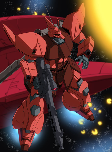 80s, explosion, fugakuhyakkei, gelgoog, gelgoog_jager, gradient, gradient_background, gun, gundam, gundam_0080, mecha, scope, space, space_craft, weapon