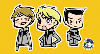 3boys, black_hair, blonde_hair, chibi, crossed_arms, gundam, gundam_side_story:_rise_from_the_ashes, leung_lee-fai, lowres, master_pierce_rayer, maximilian_berger, military, military_uniform, multiple_boys, simple_background, uniform
