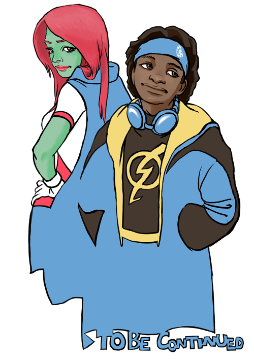 1boy, 1girl, alien, black_hair, brown_eyes, cape, company_connection, dark_skin