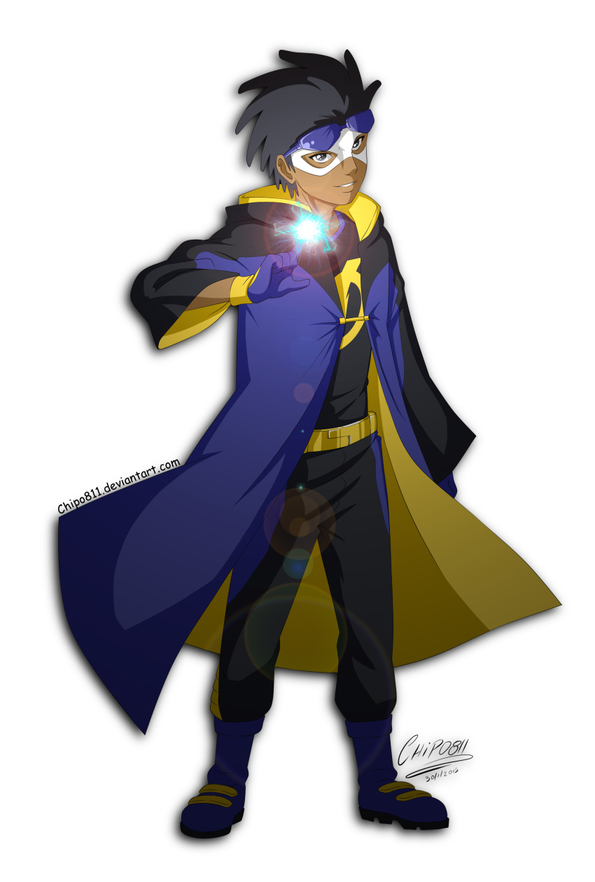 1boy, belt, black_hair, brown_eyes, dark_skin, dc_comics, domino_mask, electricity