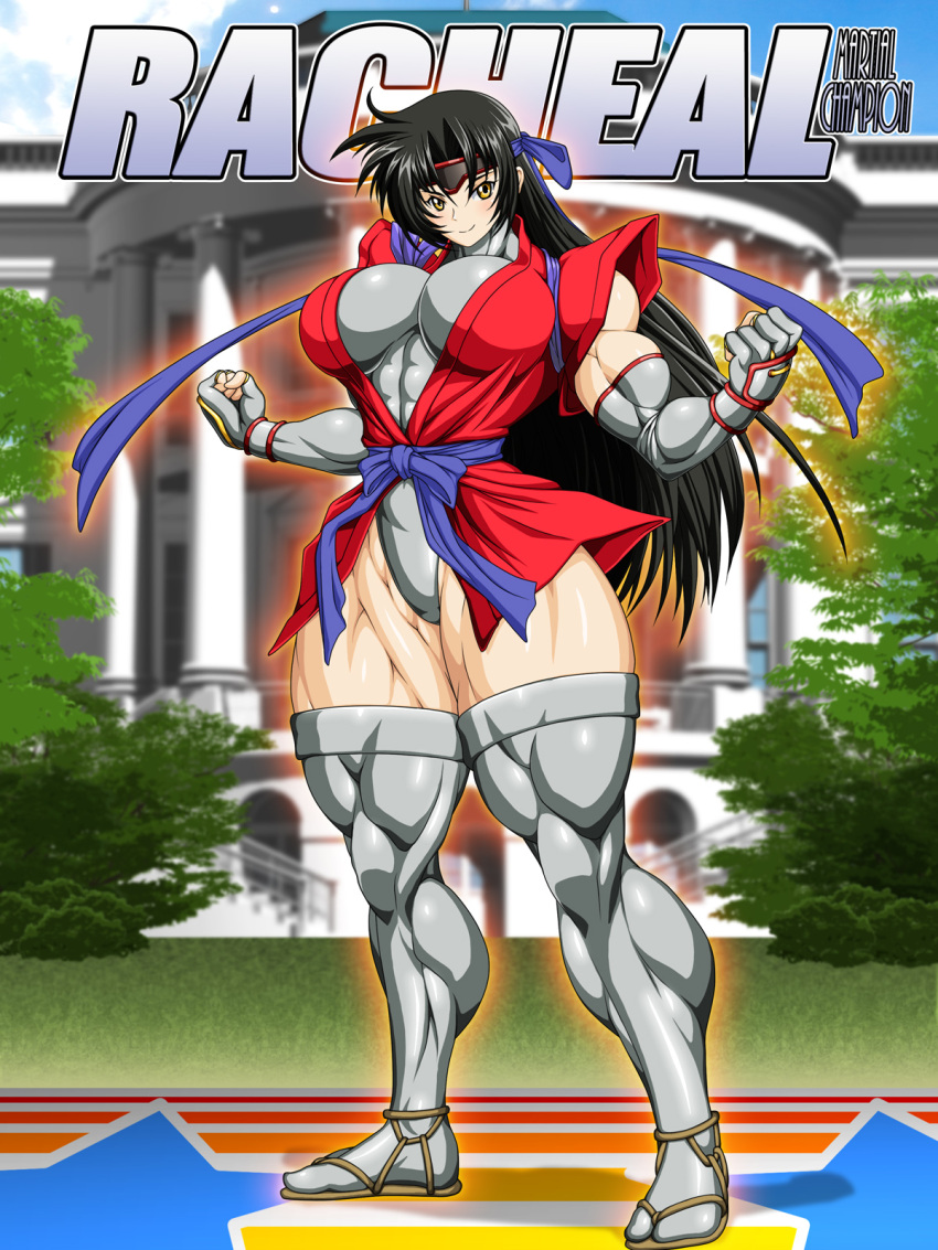1girl, abs, black_hair, blush, breasts, brown_eyes, extreme_muscles, female