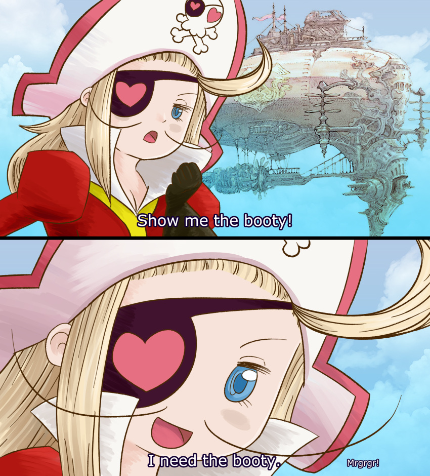 1girl, 2koma, ahoge, aircraft, airship, artist_request, blonde_hair, blue_eyes