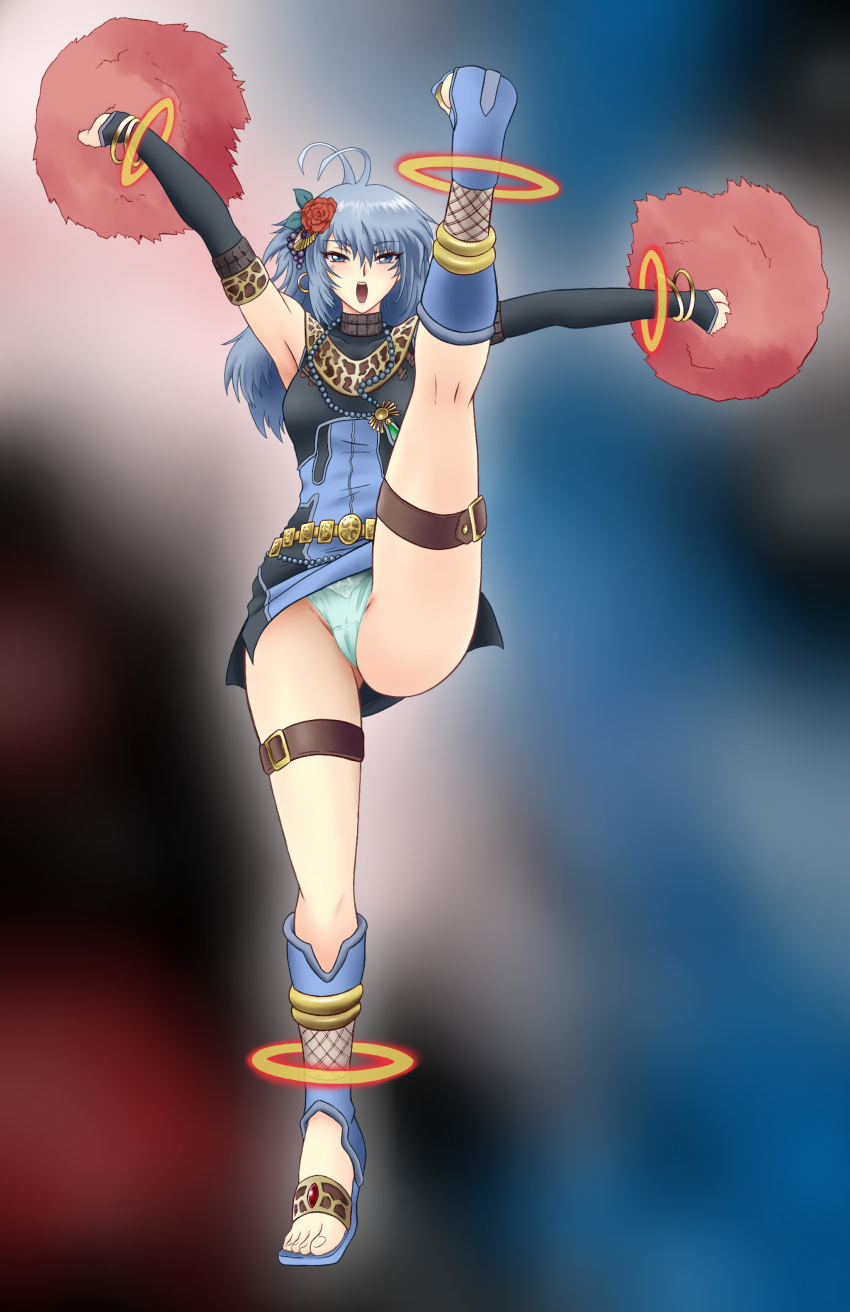 1girl, absurdres, ahoge, armpits, blue_eyes, blue_hair, breasts, cheerleader