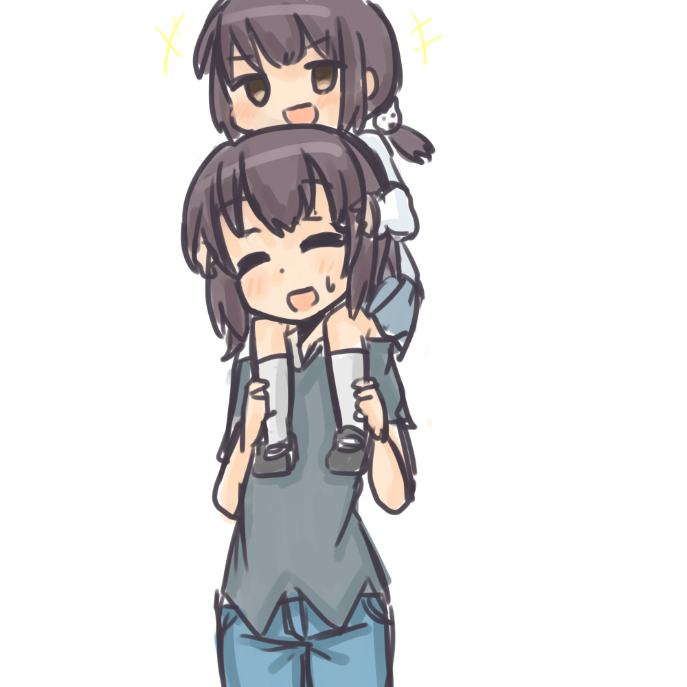 2girls, :d, bangs, black_hair, blush, closed_eyes, cousins, denim