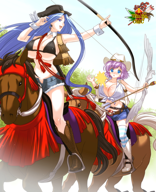 2girls, arrow, bow, breasts, horse_riding, large_breasts, multiple_girls, omc