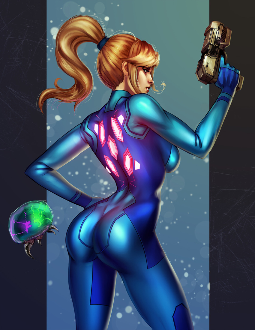 1girl, ass, bangs, blonde_hair, bodysuit, contrapposto, cowboy_shot, evulchibi