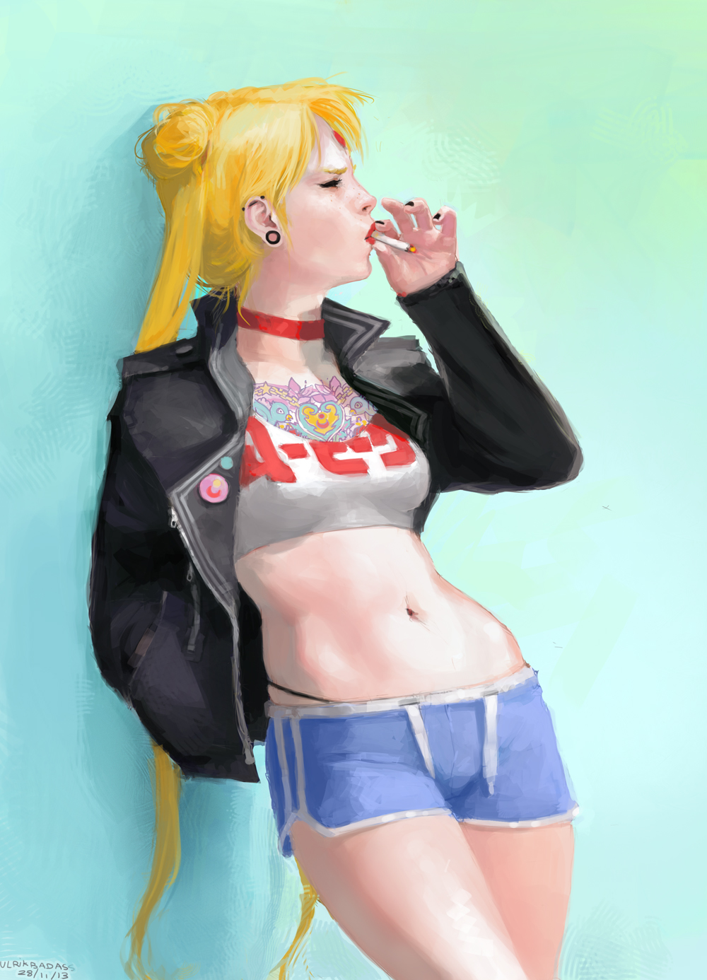 1girl, against_wall, alternate_costume, artist_name, bangs, bishoujo_senshi_sailor_moon, black_nails, blonde_hair, choker, cigarette, closed_eyes, dated, double_bun, gradient, gradient_background, hand_in_pocket, highleg_panties, jacket, leaning_back, midriff, navel, realistic, red_lips, sailor_moon, short_shorts, shorts, simple_background, smoking, solo, standing, tattoo, tsukino_usagi, twintails, ulrik, very_long_hair