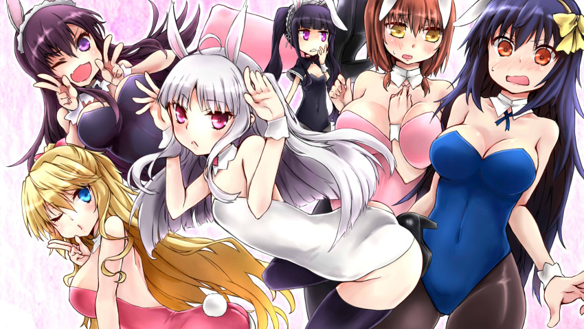 6+girls, absolute_duo, animal_ears, ass, back, bare_shoulders, between_breasts, black_hair