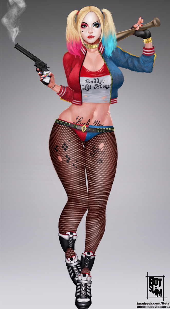 1girl, baseball_bat, batman_(series), belt, blonde_hair, blue_eyes, blue_hair, body_writing
