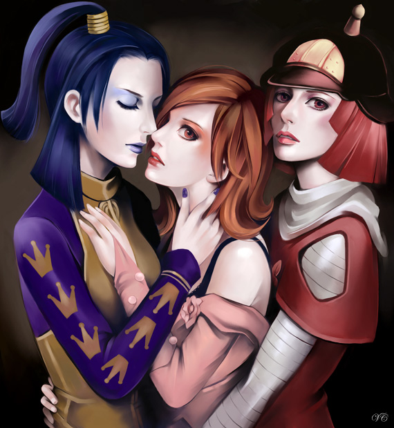 hat, hot_pants, hot_pants_(sbr), hug, itori_(artist), jojo_no_kimyou_na_bouken, kiss, lucy_steel, makeup, nail_polish, ponytail, realistic, scarlet_valentine, shorts, side_ponytail, steel_ball_run, yuri