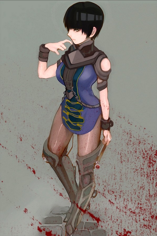 1girl, black_hair, blood, boots, breasts, kagero_deception, kagerou:_kokumeikan_shinshou, lips