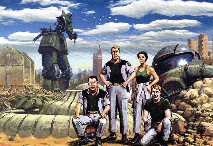 1girl, 3boys, animal, anita_julianne, bird, black_hair, blonde_hair, clouds, damaged, gundam, gundam_side_story:_rise_from_the_ashes, helmet, leung_lee-fai, master_pierce_rayer, maximilian_berger, mecha, military, military_uniform, multiple_boys, official_art, ruins, severed_head, sitting, uniform, zaku, zaku_ii