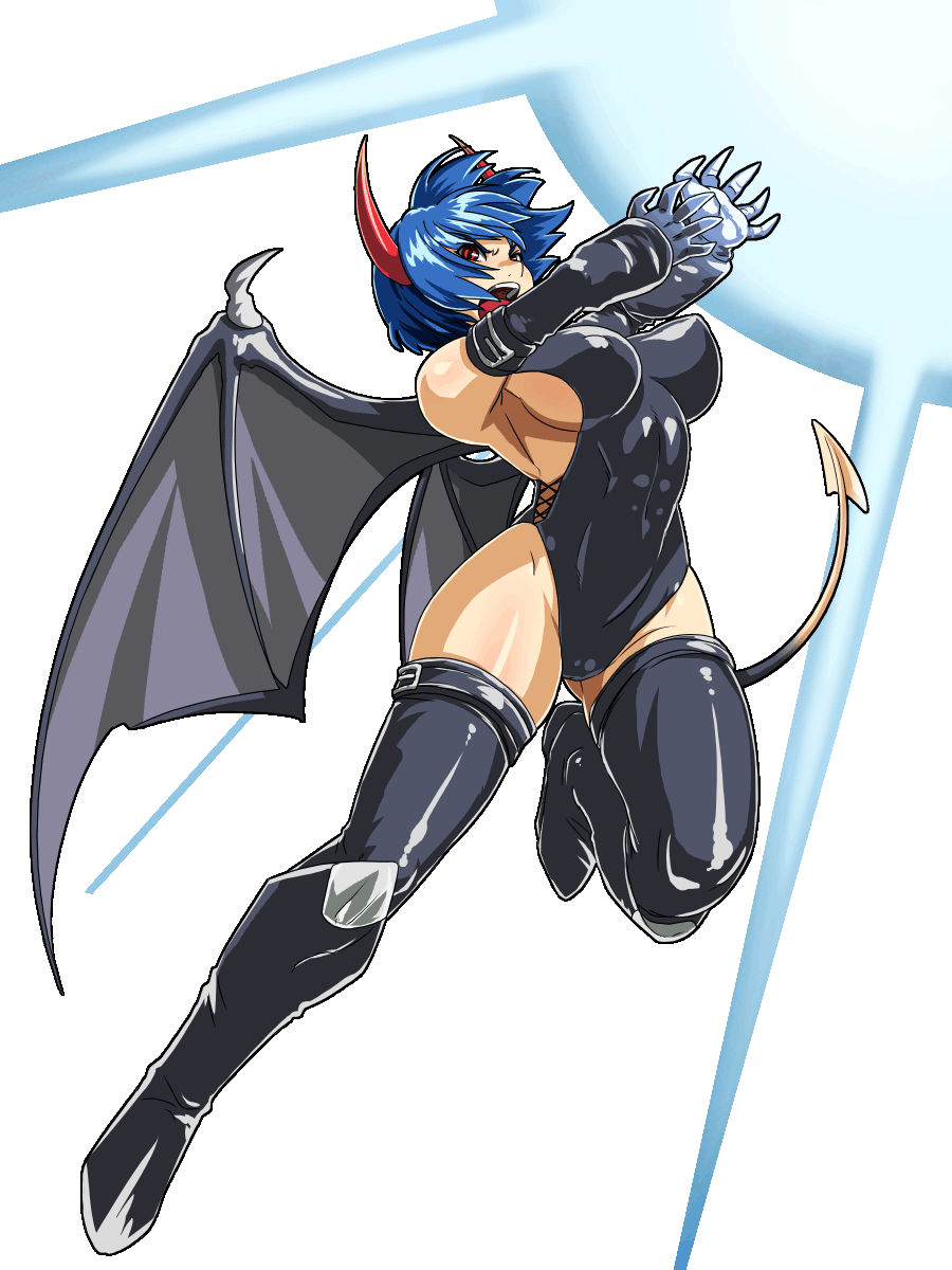 1girl, 90s, blue_hair, blush, breasts, cleavage, curvy, demon_girl