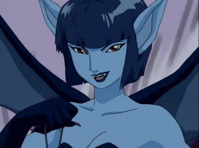 1boy, 1girl, 90s, animated, animated_gif, armor, bare_shoulders, bat_wings