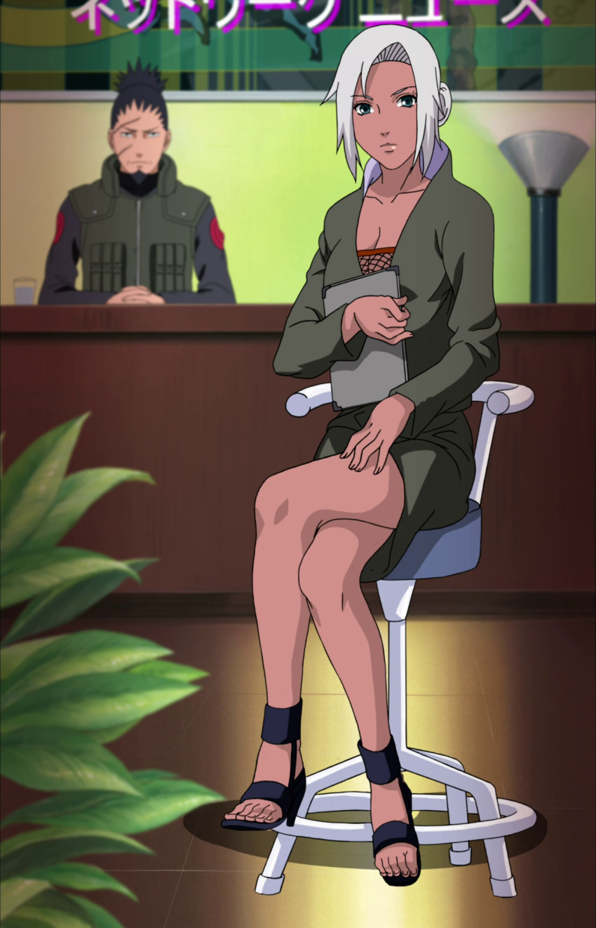 1boy, 1girl, black_hair, breasts, chair, cleavage, dark_skin, feet