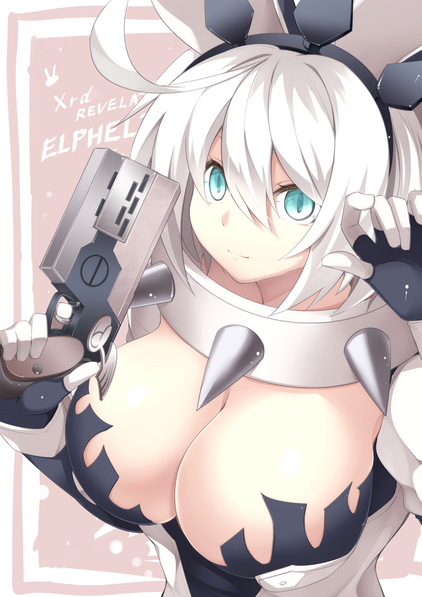 1girl, ahoge, aqua_eyes, breasts, character_name, cleavage, collar, elphelt_valentine