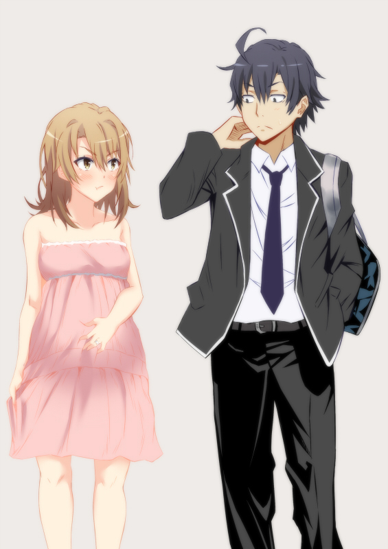 1boy, 1girl, ahoge, akage, bare_shoulders, belt, black_eyes, black_hair, blush, breasts, brown_eyes, brown_hair, dress, hikigaya_hachiman, isshiki_iroha, jacket, jewelry, necktie, pants, pregnant, ring, short_hair, simple_background, yahari_ore_no_seishun_lovecome_wa_machigatteiru.