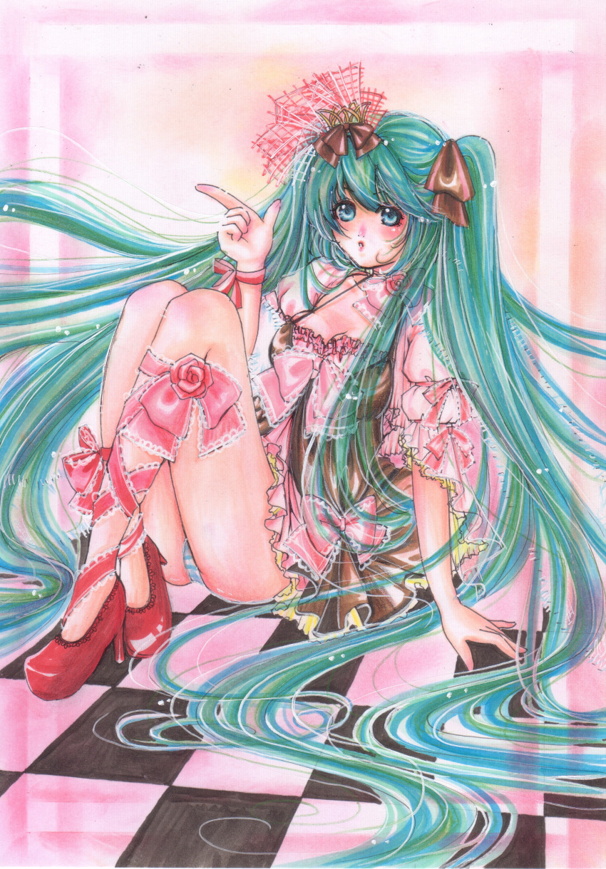 aqua_eyes, aqua_hair, area_(pixiv230931), asahi_(aria), bow, colored_pencil_(medium), dress, hatsune_miku, high_heels, highres, long_hair, marker_(medium), panchira_sit, panties, pantyshot, pantyshot_sitting, pastel_(medium), ribbon, shoes, sitting, striped, striped_panties, traditional_media, twintails, underwear, very_long_hair, vocaloid, world_is_mine, world_is_mine_(vocaloid)