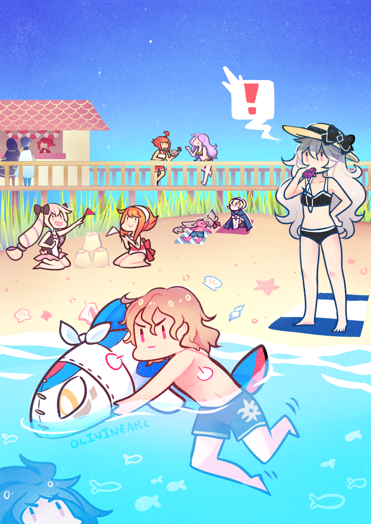 5boys, 6+girls, :>, anna_(fire_emblem), aqua_(fire_emblem_if), beach, bikini, blue_sky, camilla_(fire_emblem_if), chibi, elise_(fire_emblem_if), female_my_unit_(fire_emblem_if), female_swimwear, fire_emblem, fire_emblem:_kakusei, fire_emblem_heroes, fire_emblem_if, fish, hinoka_(fire_emblem_if), intelligent_systems, krom, leon_(fire_emblem_if), loli, male_swimwear, marx_(fire_emblem_if), multiple_boys, multiple_girls, my_unit_(fire_emblem:_kakusei), my_unit_(fire_emblem_if), nintendo, olivinearc, one-piece_swimsuit, pier, ryouma_(fire_emblem_if), sakura_(fire_emblem_if), sand, seashell, shell, sky, spoken_!, starfish, summer, swim_trunks, takumi_(fire_emblem_if), underwater, water