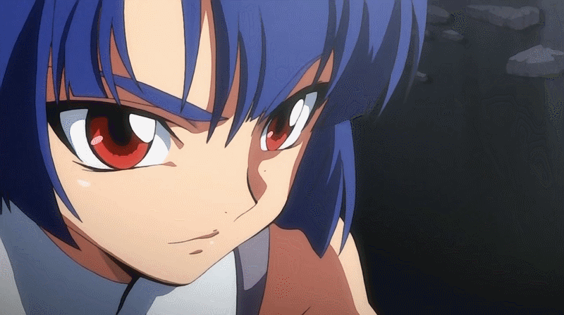 1boy, 1girl, animated, animated_gif, ass, axe, battle, black_hair, blue_hair, blush, breasts, evil, female, fighting, kiryuu_sabato, large_breasts, long_hair, makai_kishi_ingrid, screencap, talking, tentacle, violence, weapon, yatsu_murasaki