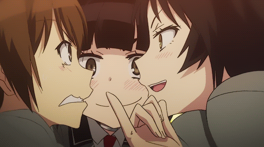 1boy, 2girls, animated, animated_gif, black_hair, blush, brown_hair, kajou_ayame