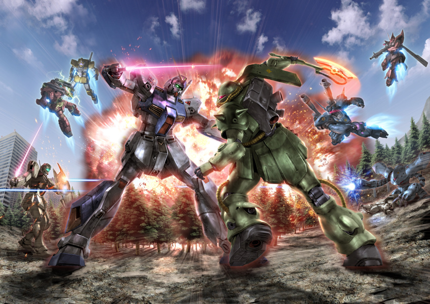 80s, absurdres, axe, battle, energy_sword, epic, explosion, firing