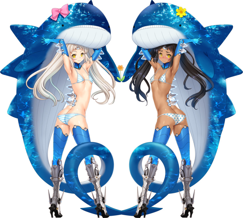 2girls, aqua_(hoshizora_no_babylon), armpits, arms_up, ass, bikini, black_hair, blush