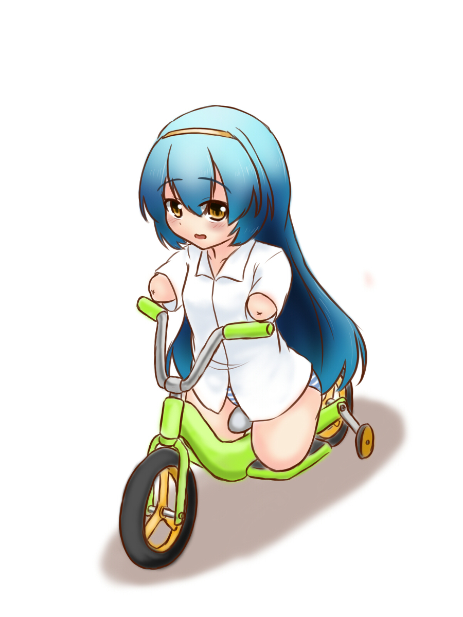 1girl, amputee, bicycle, blue_hair, blush, brown_eyes, dress_shirt, hairband, mikeysukairain, open_mouth, panties, quadruple_amputee, shadow, shirt, simple_background, solo, striped, striped_panties, training_wheels, underwear, white_background, white_shirt