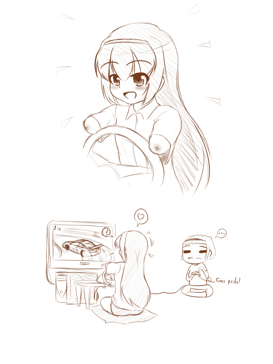 ..., 1girl, amputee, blush, car, computer, cushion, english