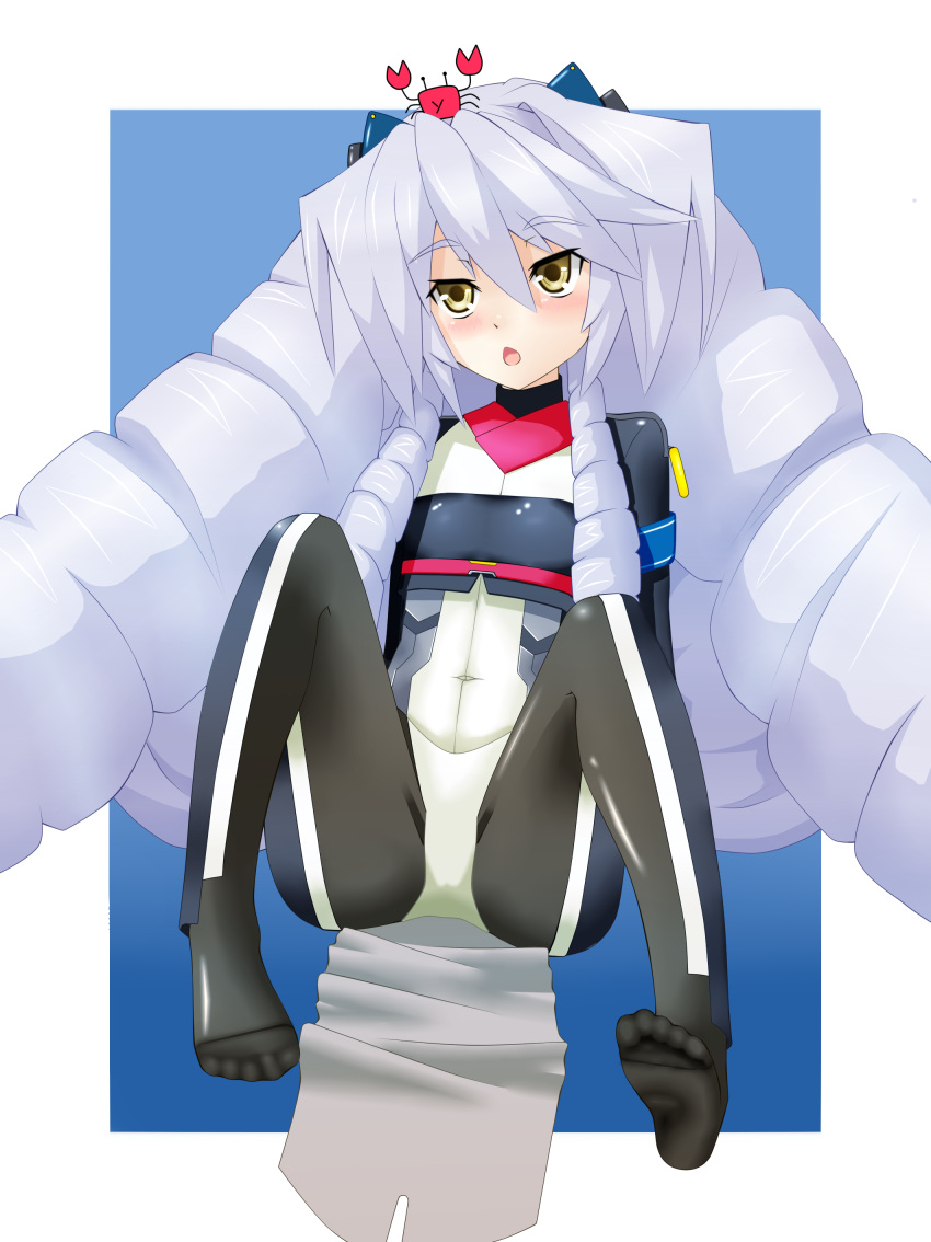 1girl, absurdly_long_hair, black_legwear, blonde_hair, blush, bodysuit, crotch, drill_hair