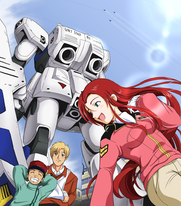 1girl, 2boys, 80s, airplane, alfred_izuruha, bandage, baseball_cap, bernard_wiseman