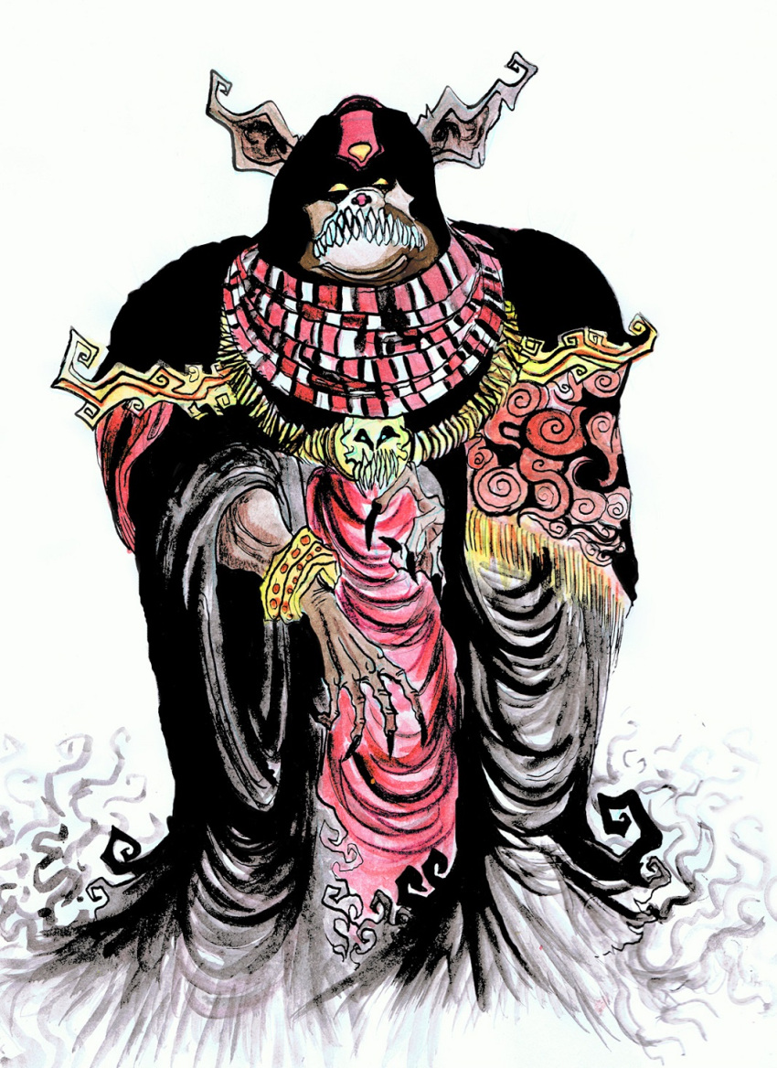 1boy, animal_ears, artist_request, bracelet, bulldog, cloak, evil, faces_of_evil, ganon, jewelry, male_focus, monster, nail, necklace, nintendo, no_pupils, robe, scarf, simple_background, skull, solo, sorcerer, the_legend_of_zelda, traditional_media, wand_of_gamelon, watercolor_(medium), white_background, wizard, yellow_eyes