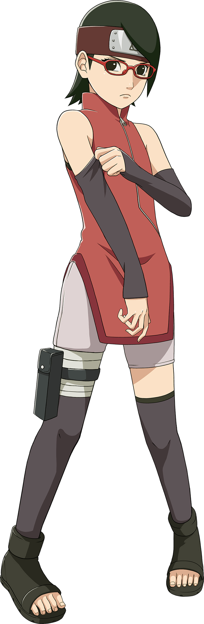 1girl, arm_warmers, bandage, bare_shoulders, black_eyes, black_hair, black_legwear, black_shoes