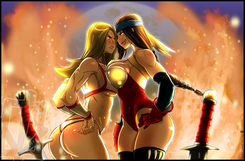 2girls, angry, armor, ass, bandanna, bikini_armor, blue_eyes, blush