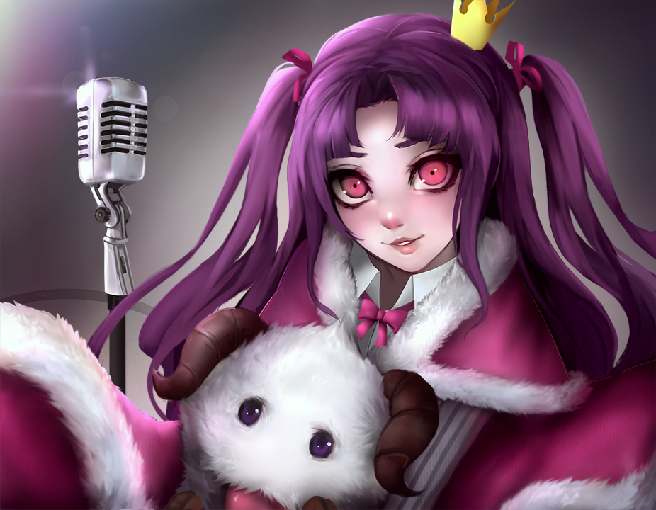 1girl, bow_tie, crown, gradient, gradient_background, horns, long_hair, microphone, pink_eyes, poro_(league_of_legends), raspdere, smile, tagme, twin_tails, violet_eyes, zorafi