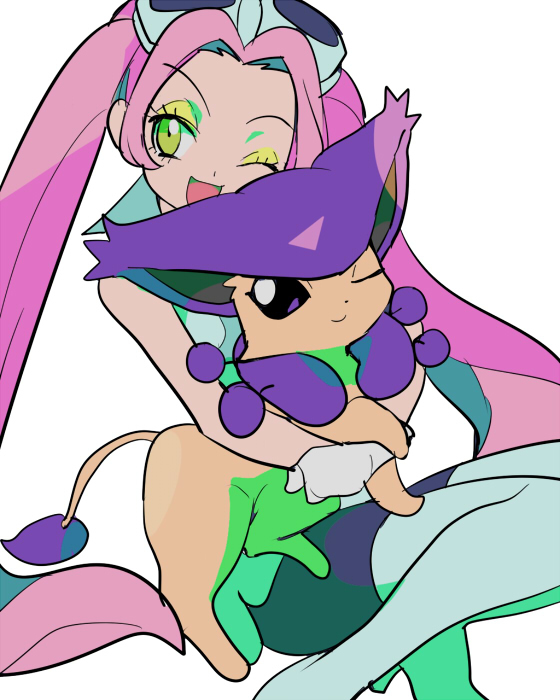 00s, 1girl, delcatty, goggles, green_eyes, lovrina_(pokemon), pink_hair, pokemon