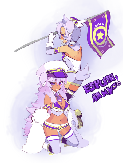 2girls, bare_shoulders, breasts, cleavage, dark_skin, espurr, gradient, gradient_background, hopebiscuit, kneeling, lavender_hair, long_hair, looking_at_viewer, multiple_girls, navel, personification, pokemon, smile, violet_eyes