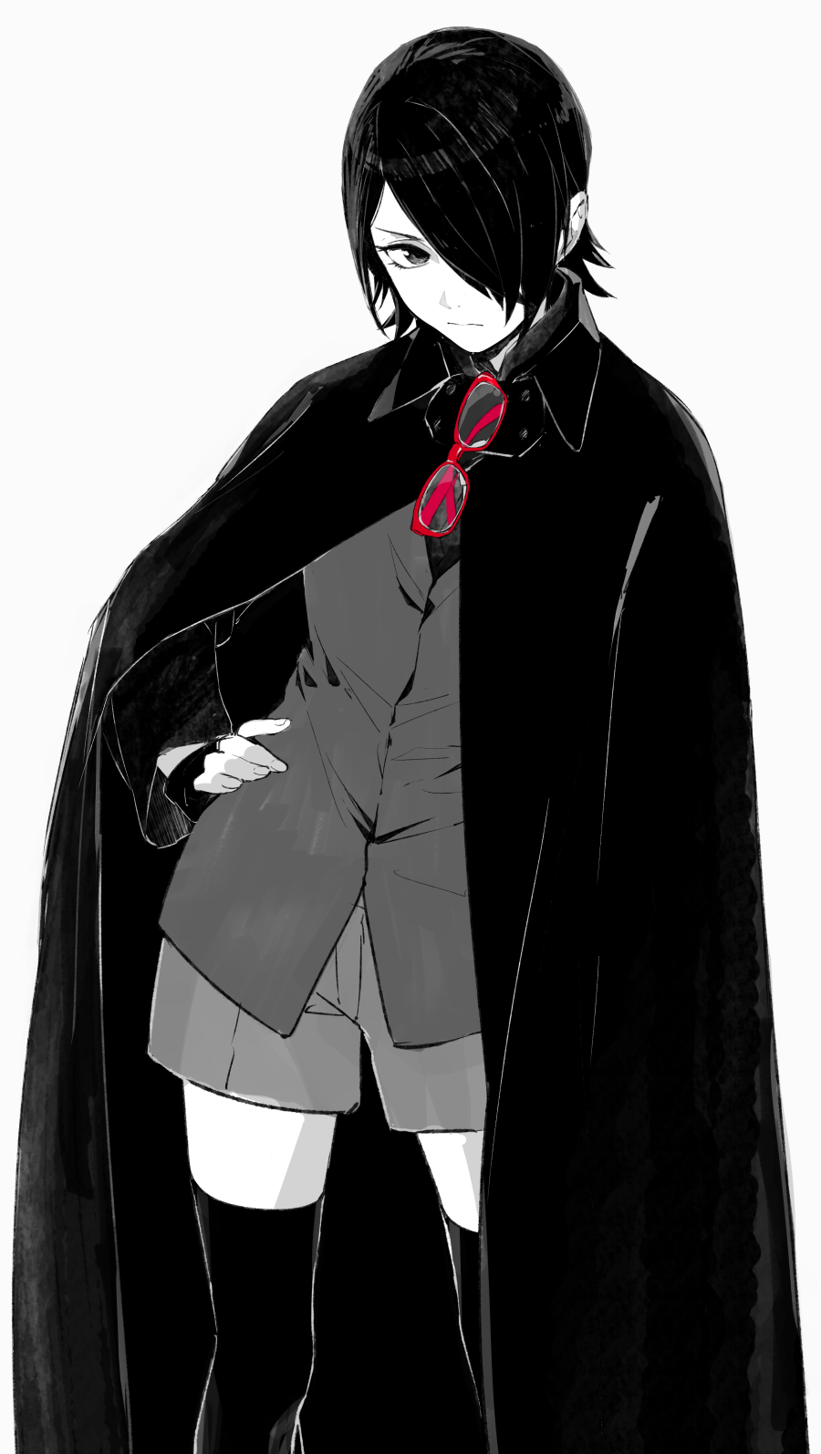 1girl, adapted_costume, cloak, cosplay, glasses, hair_over_one_eye, hand_on_hip, monochrome