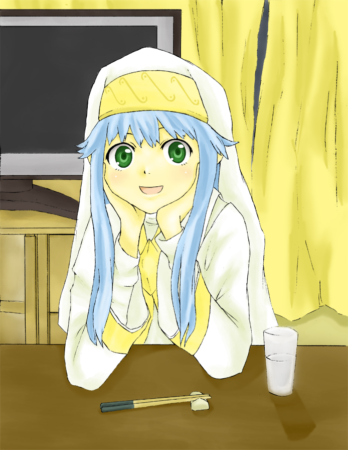 1girl, blue_hair, blush, chop_sticks, curtains, glass, green_eyes, index, long_hair, shiitake_nabe_tsukami, smile, solo, tagme, television, to_aru_majutsu_no_index