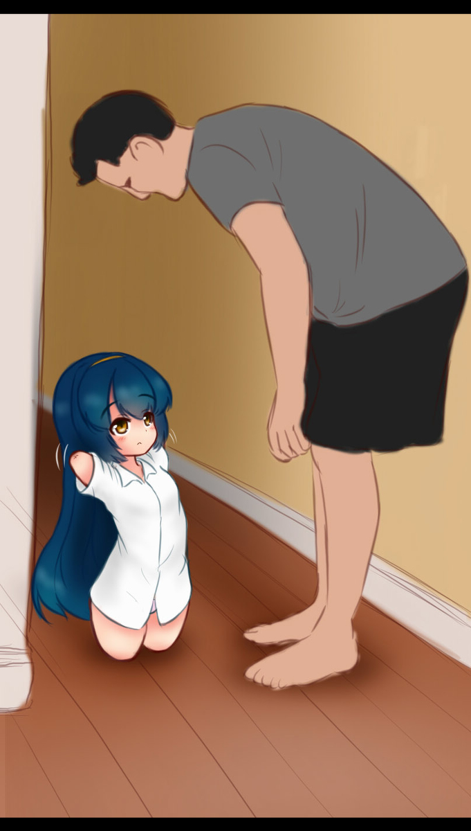 1boy, 1girl, amputee, arms_up, black_hair, blue_hair, blush, breasts, brown_eyes, dress_shirt, faceless, faceless_male, floor, height_difference, indoors, mikeysukairain, no_pants, quadruple_amputee, shirt, short_hair, small_breasts, very_long_hair, waving_arms, white_shirt