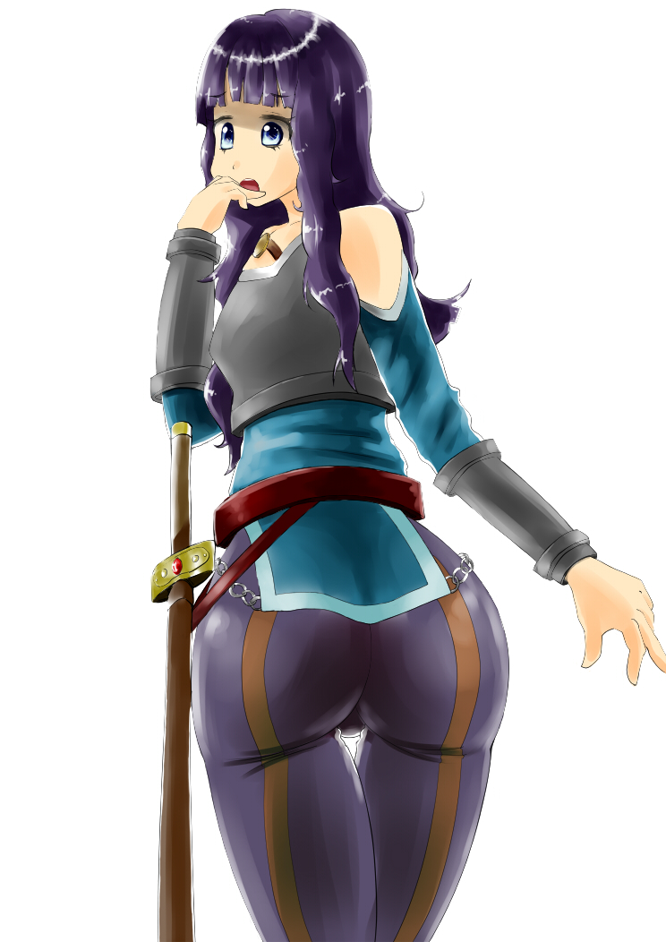 1girl, armor, ass, bare_shoulders, blue_eyes, breastplate, from_behind, huge_ass, long_hair, open_mouth, pants, purple_hair, sheath, sheathed, simple_background, solo, sword, sword_art_online, tight_pants, weapon, yolko_(sao), yoruko_(sao), yuusuke083124