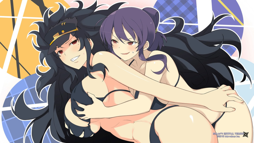 2girls, abs, arm, ass, ass_grab, bikini, black_bikini, black_hair