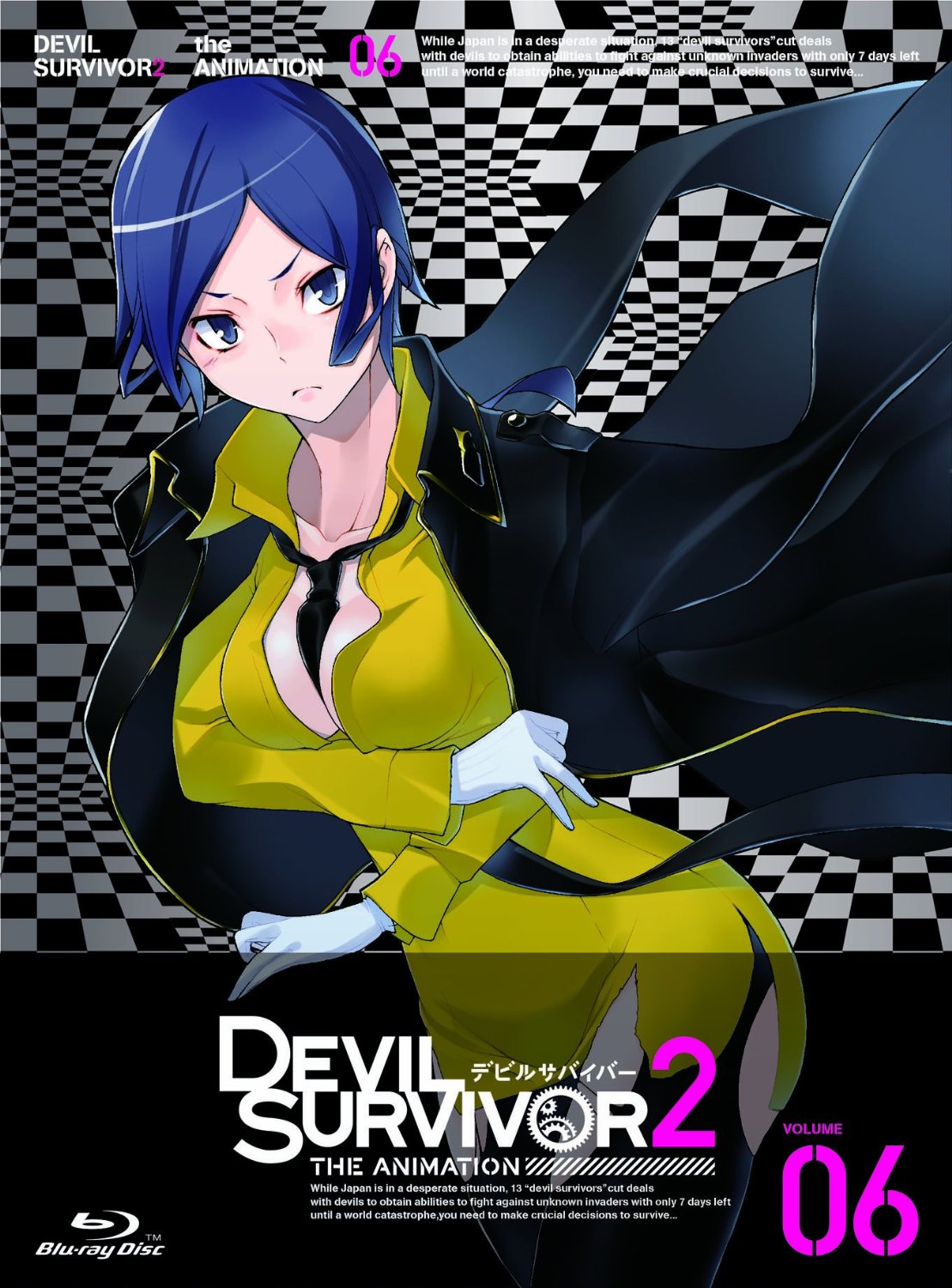 1girl, arm_under_breasts, between_breasts, black_necktie, blue_eyes, blue_hair, breasts, checkered