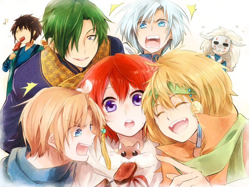 1girl, 6+boys, akatsuki_no_yona, gija_(akatsuki_no_yona), hak_(akatsuki_no_yona), jeaha_(akatsuki_no_yona), multiple_boys, simple_background