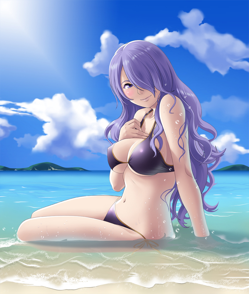 1girl, beach, bikini, blue_sky, blush, breasts, camilla_(fire_emblem_if), cleavage