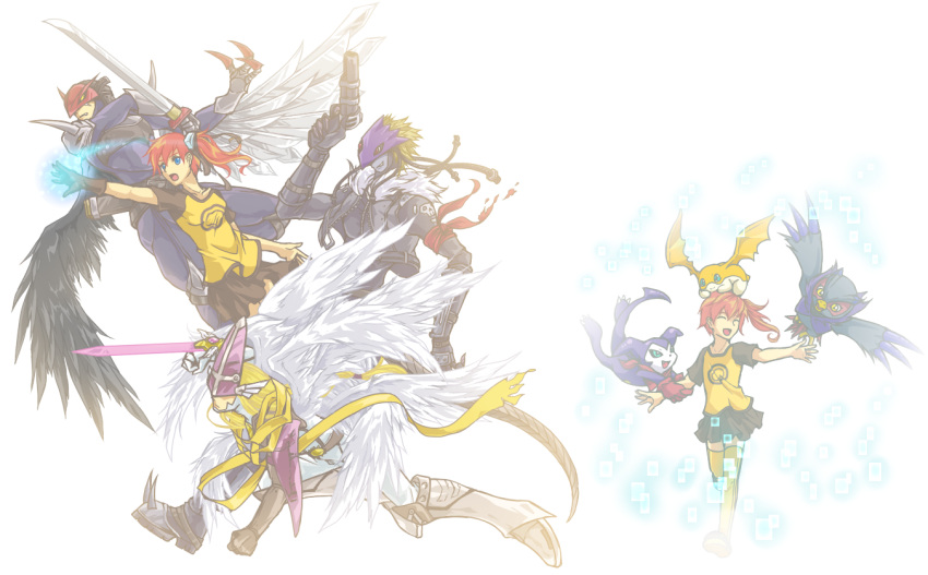 1girl, 3boys, aiba_ami, angel, angel_wings, arano_hachi, armor, bandai